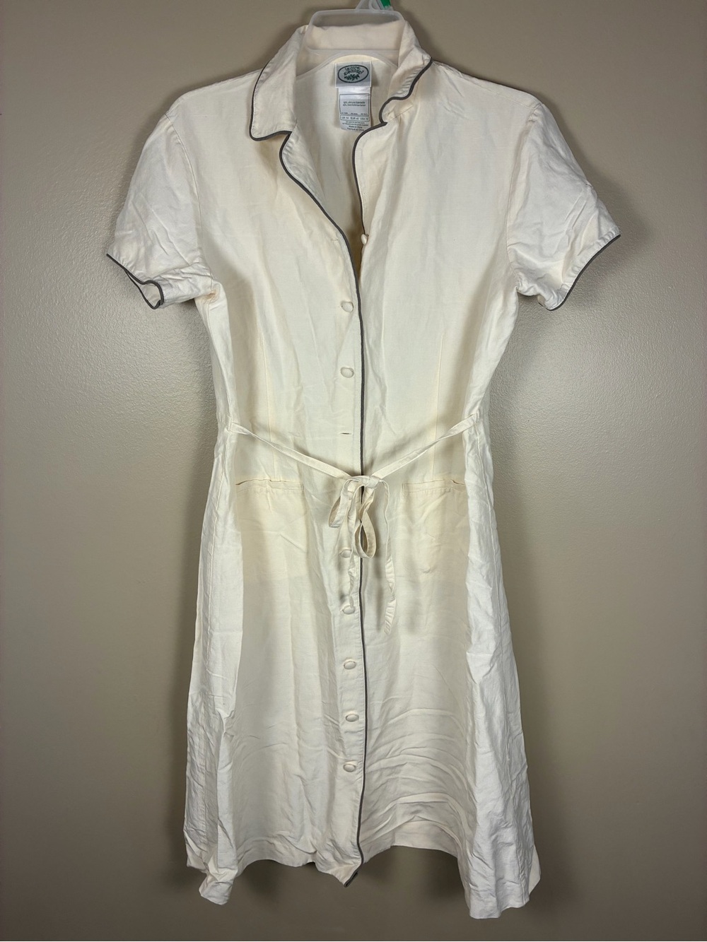 VTG Laura Ashley Silk Linen Cream Button Front Midi Shirt Tea Dress